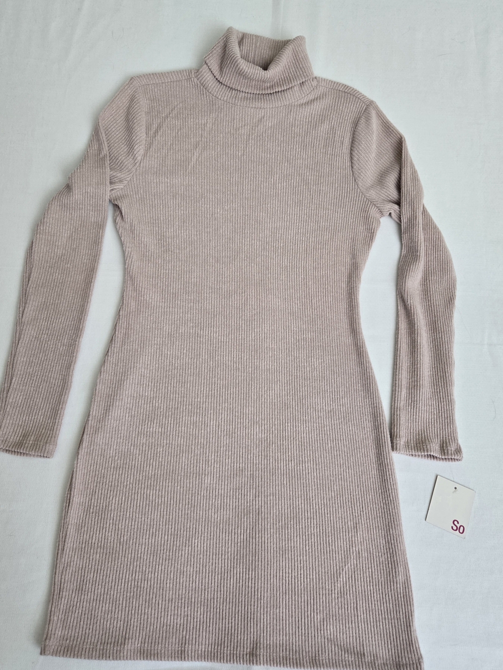 So Women's Ribbed Turtleneck Long Sleeve Dress,Blush/Dusty Rose Size L